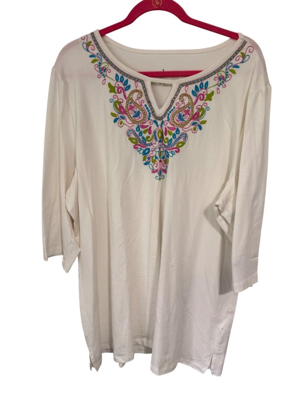 Denim & Co Tunic Top Knit White Embroidered Paisley Keyhole Womans 2X